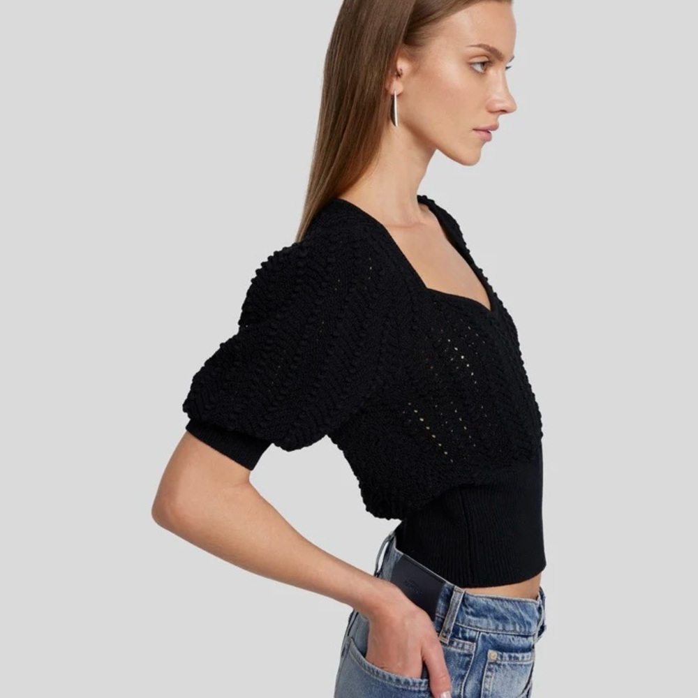 7 For All Mankind Women's Black Sweetheart Pointelle Knit Sweater Size S Boho